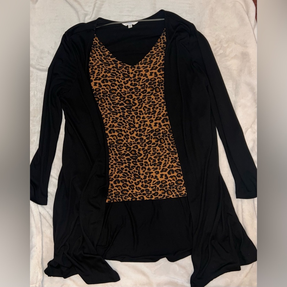 Time and Tru Black Cardigan and Brown Leopard Tank Top